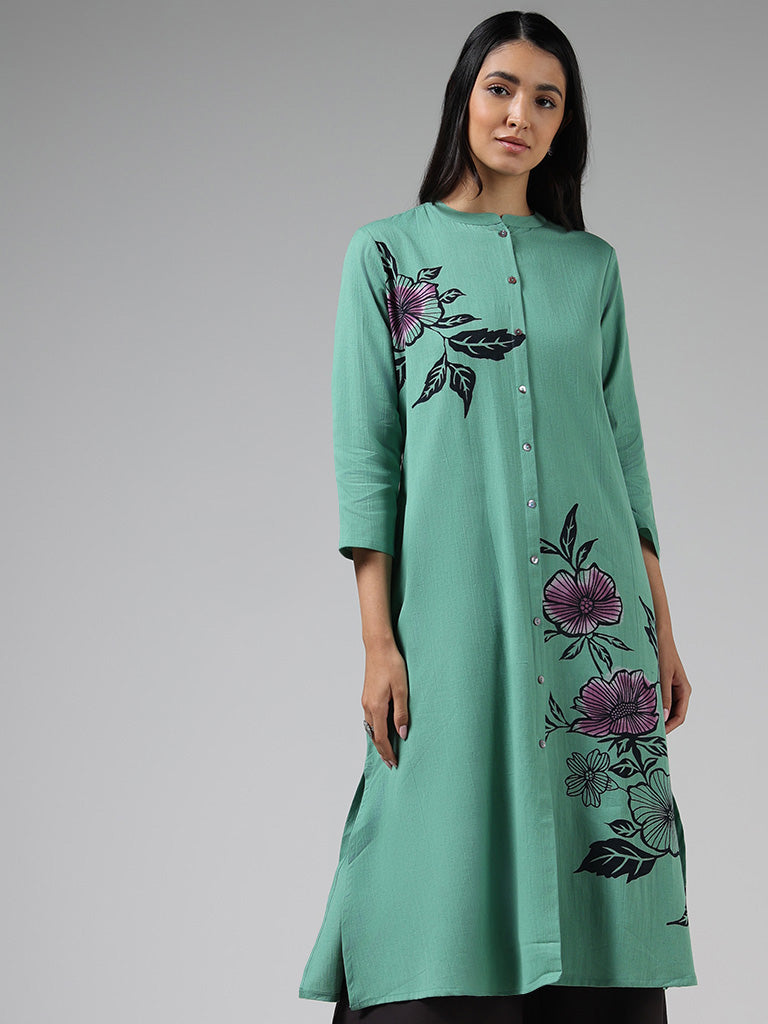 Utsa Light Teal Floral Printed Buttoned Down Kurta