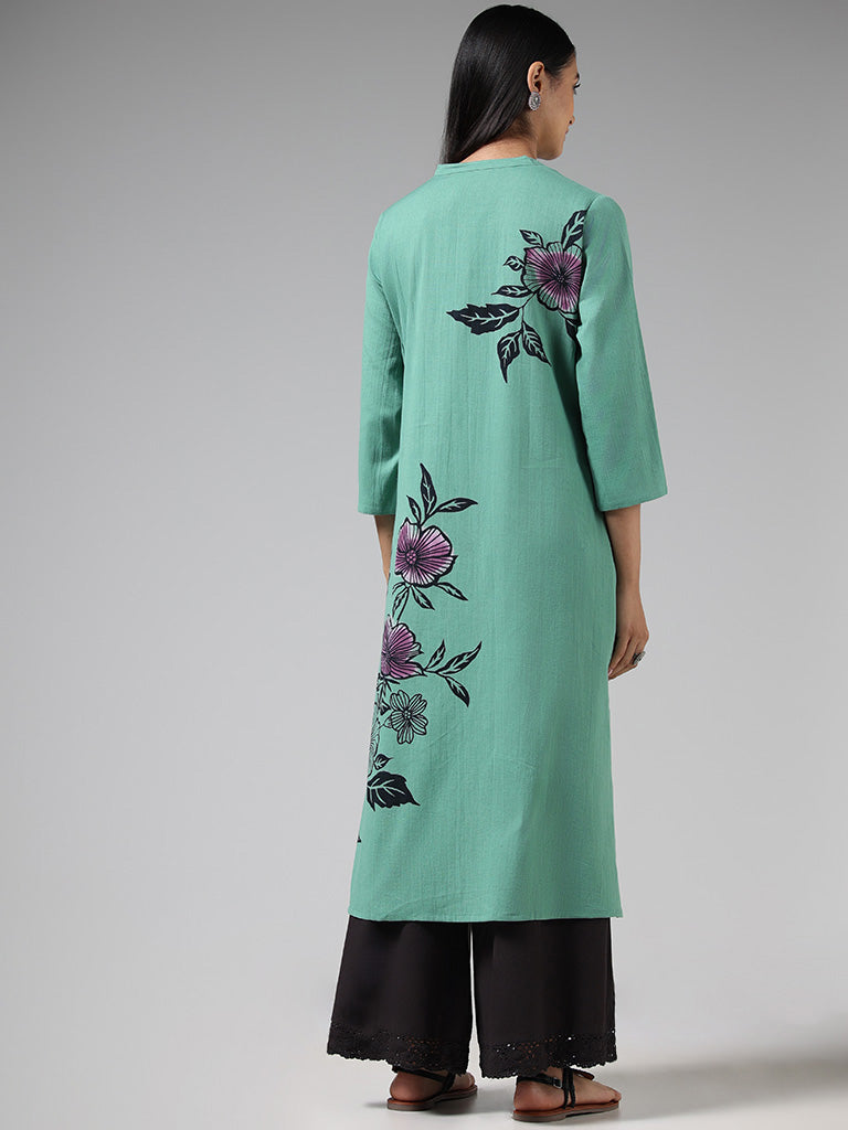 Utsa Light Teal Floral Printed Buttoned Down Kurta