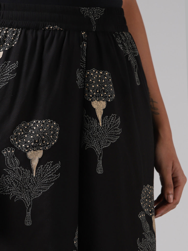 Zuba Black Floral Block Printed Palazzos