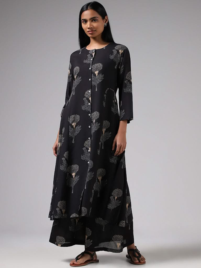 Zuba Black Floral Block Printed Button Down Kurta