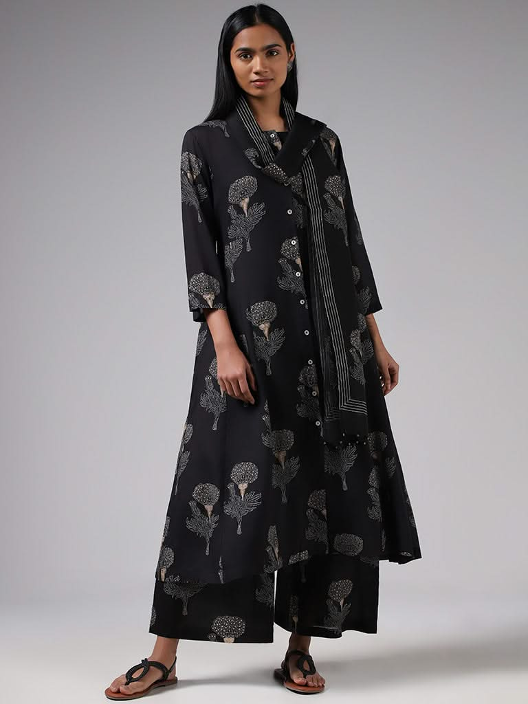 Zuba Black Floral Block Printed Button Down Kurta