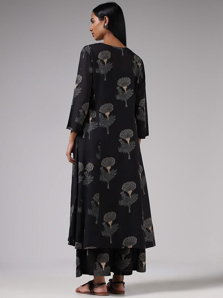 Zuba Black Floral Block Printed Button Down Kurta