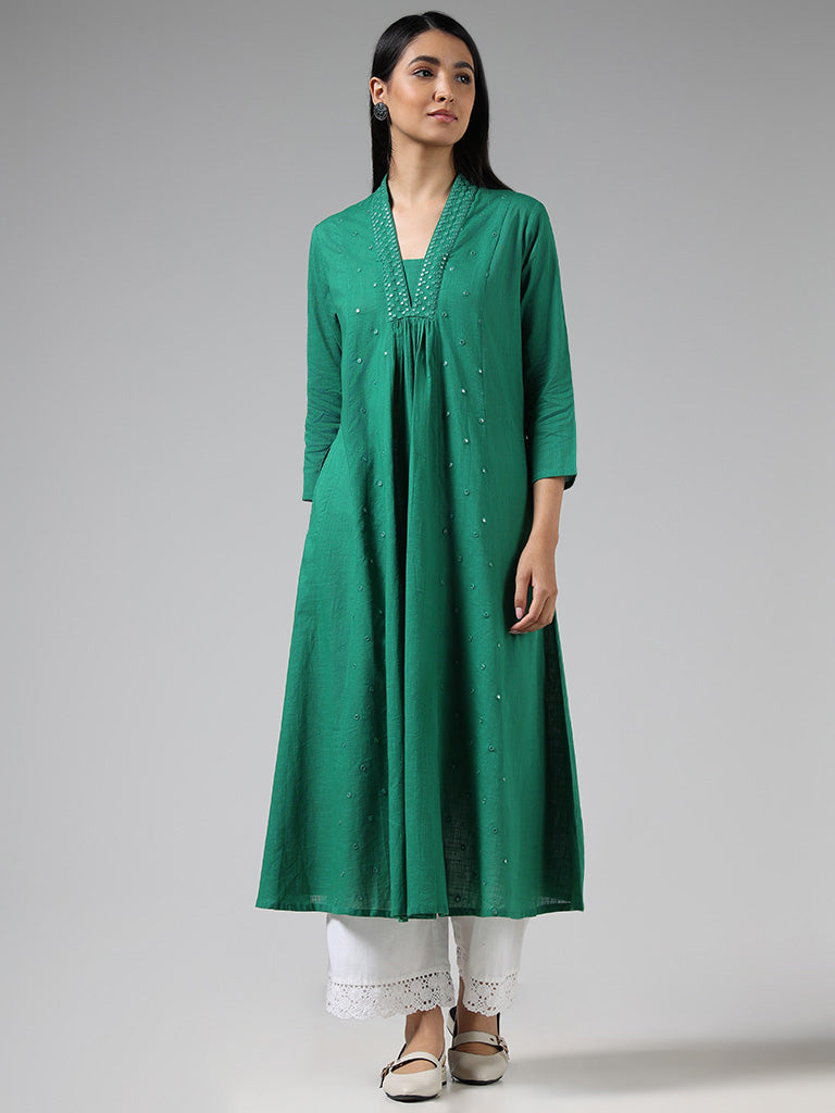 Utsa Teal Green Mirror Embroidered Cotton Gathered Kurta