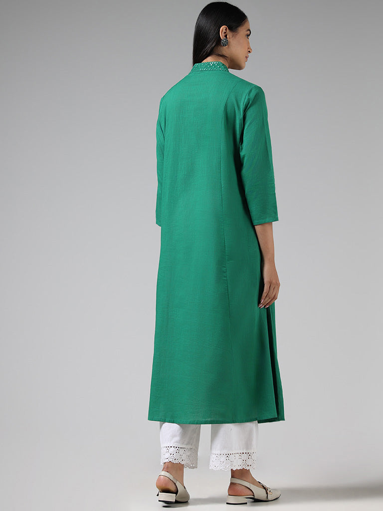 Utsa Teal Green Mirror Embroidered Cotton Gathered Kurta