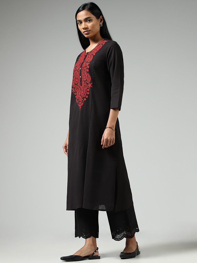 Utsa Charcoal Paisley Floral Embroidered A-Line Kurta