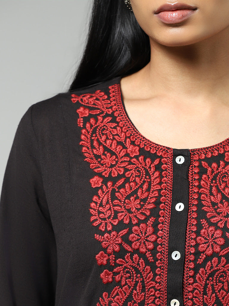 Utsa Charcoal Paisley Floral Embroidered A-Line Kurta