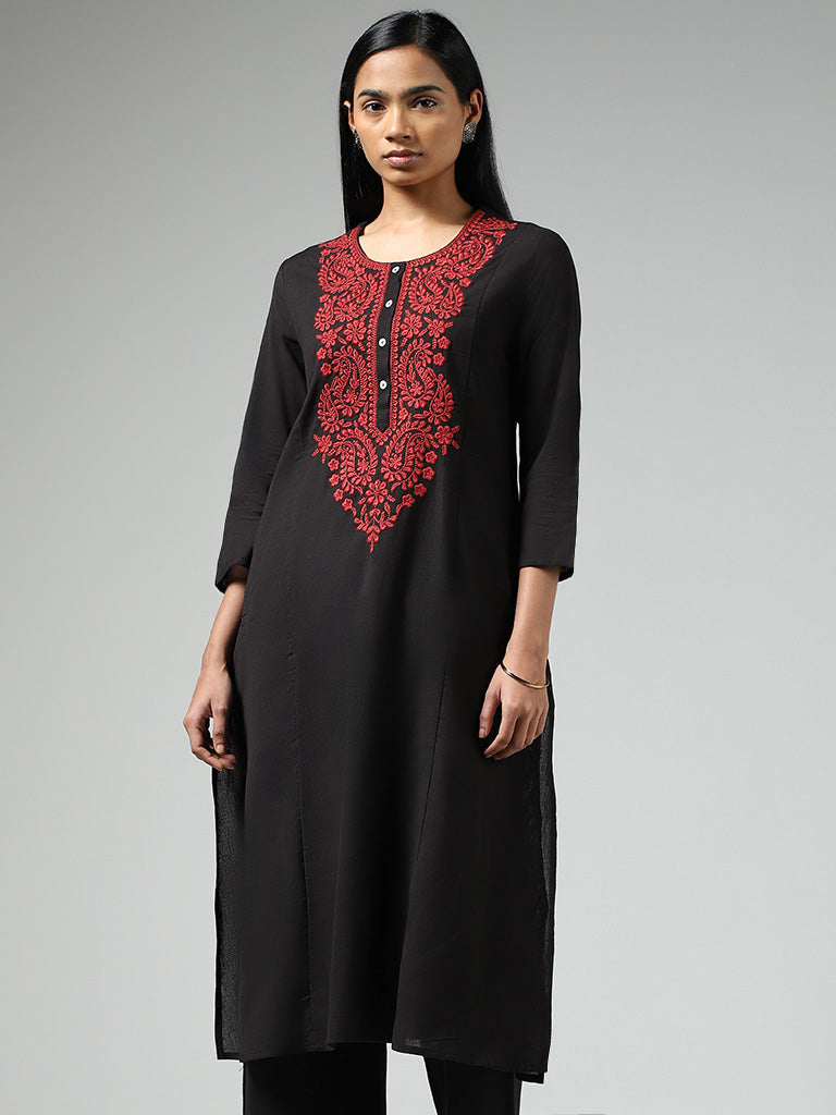 Utsa Charcoal Paisley Floral Embroidered A-Line Kurta