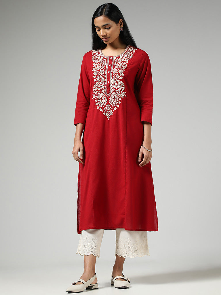 Utsa Red Paisley Floral Embroidered A-Line Kurta