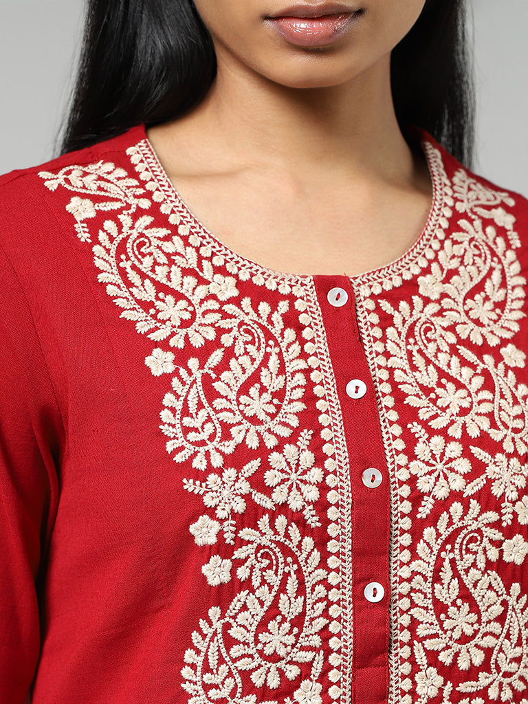 Utsa Red Paisley Floral Embroidered A-Line Kurta