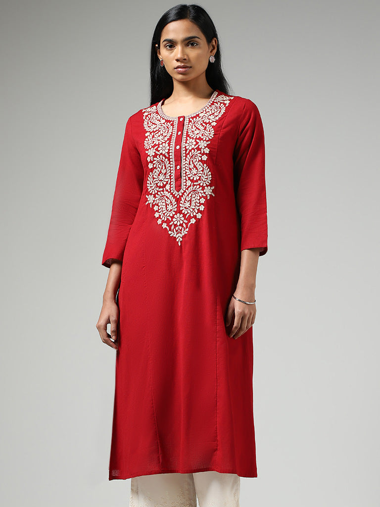 Utsa Red Paisley Floral Embroidered A-Line Kurta