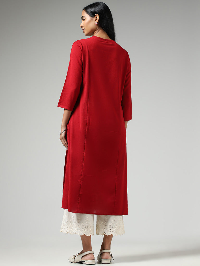 Utsa Red Paisley Floral Embroidered A-Line Kurta