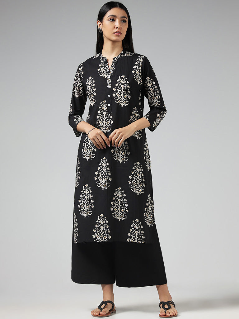 Utsa Black Floral Printed Cotton Kurta