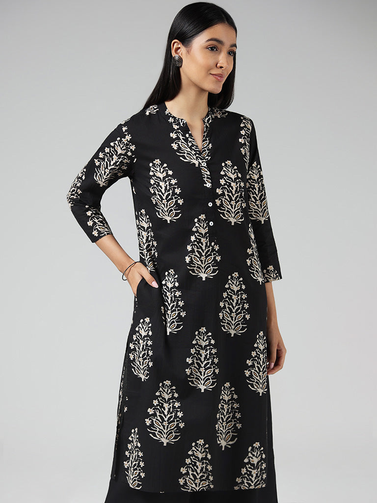 Utsa Black Floral Printed Cotton Kurta