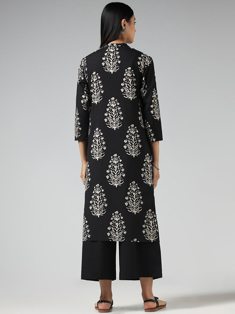 Utsa Black Floral Printed Cotton Kurta