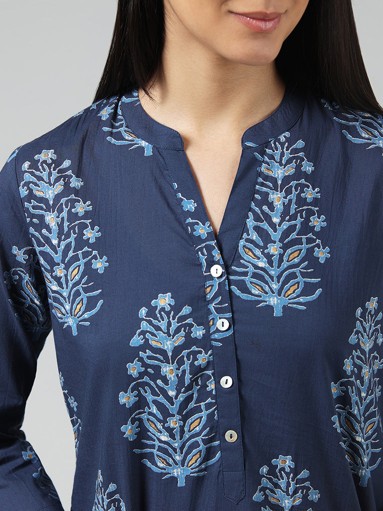 Utsa Navy Floral Printed Cotton Kurta