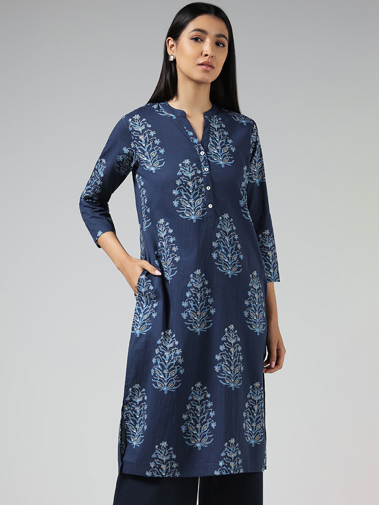 Utsa Navy Floral Printed Cotton Kurta