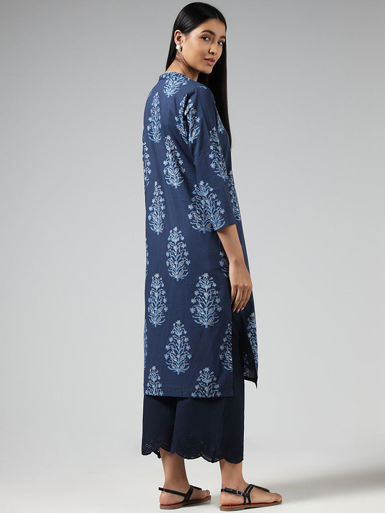 Utsa Navy Floral Printed Cotton Kurta