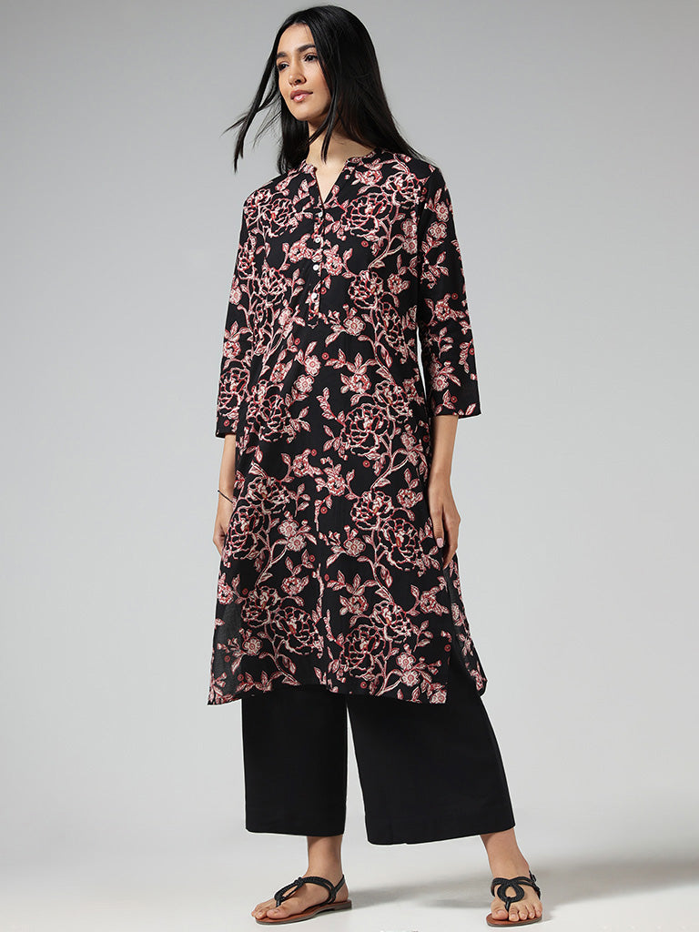 Utsa Black Floral Printed Cotton Kurta