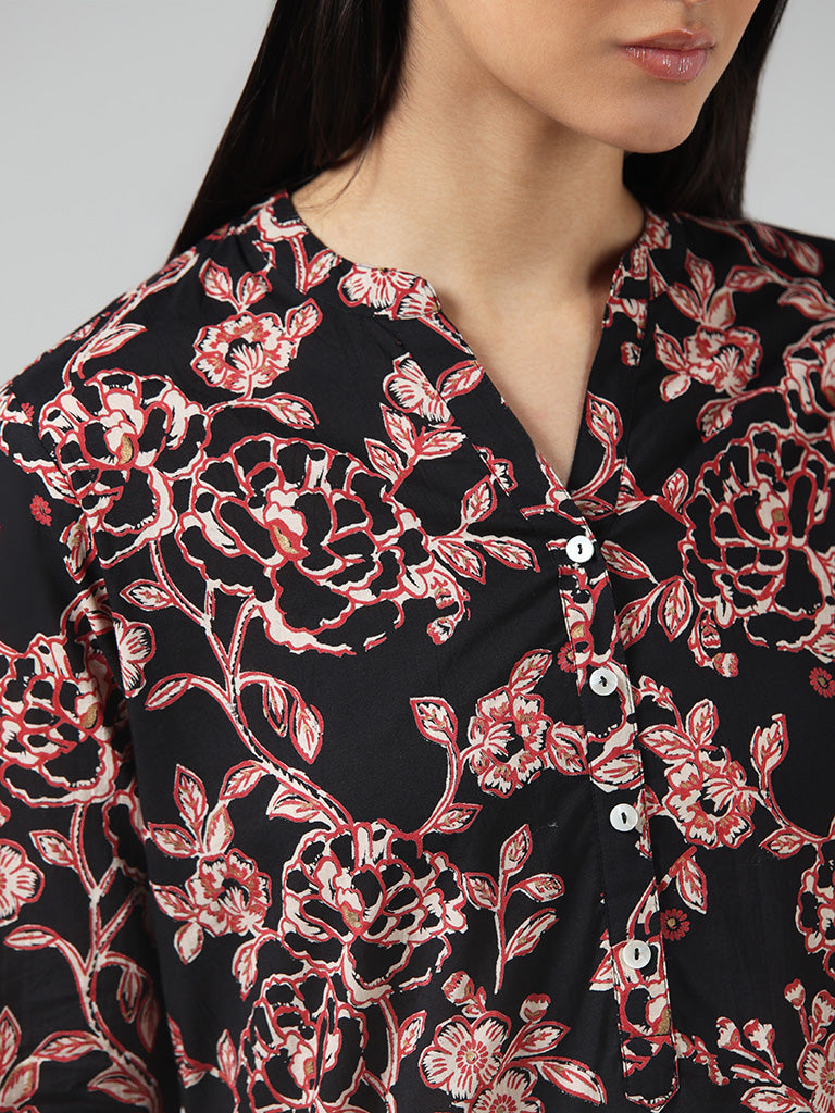 Utsa Black Floral Printed Cotton Kurta