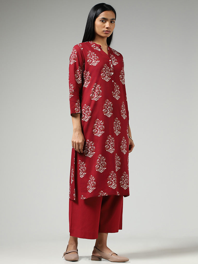 Utsa Maroon Big Buta Printed Straight Kurta