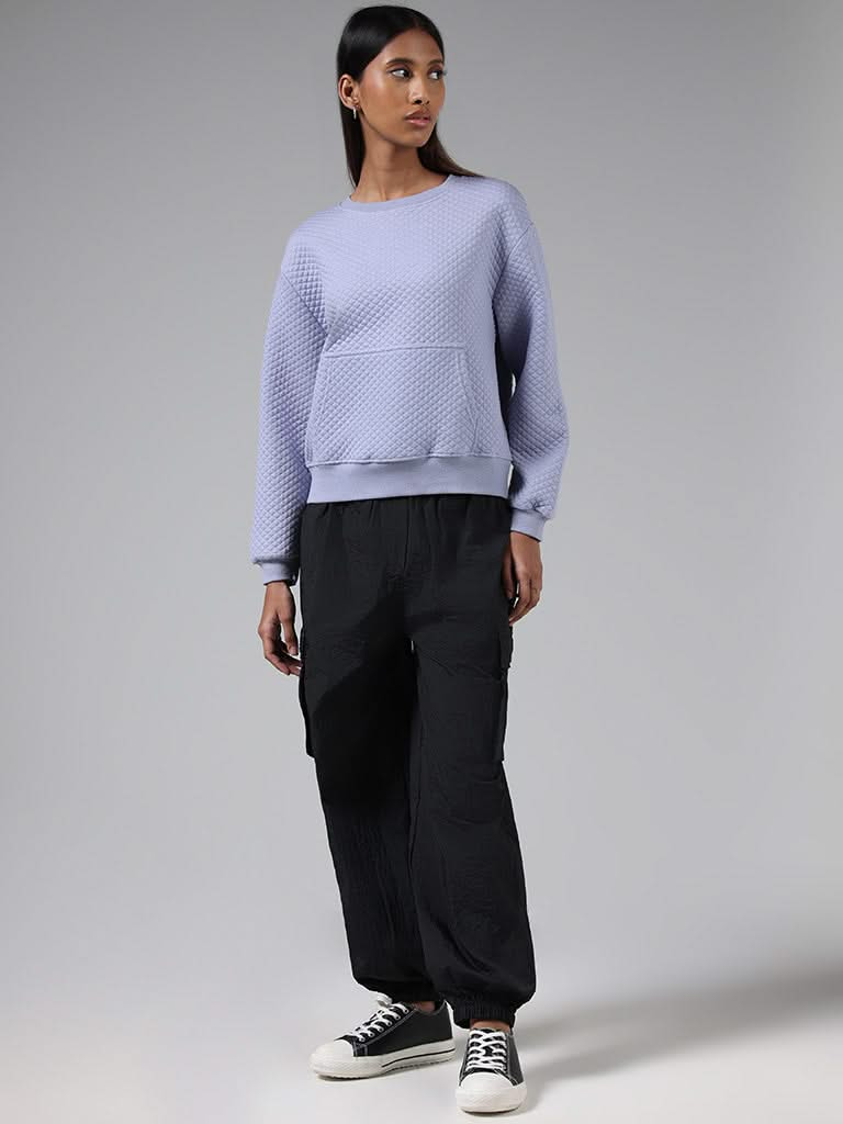 Studiofit Blue Self-Textured Cotton Blend Sweatshirt