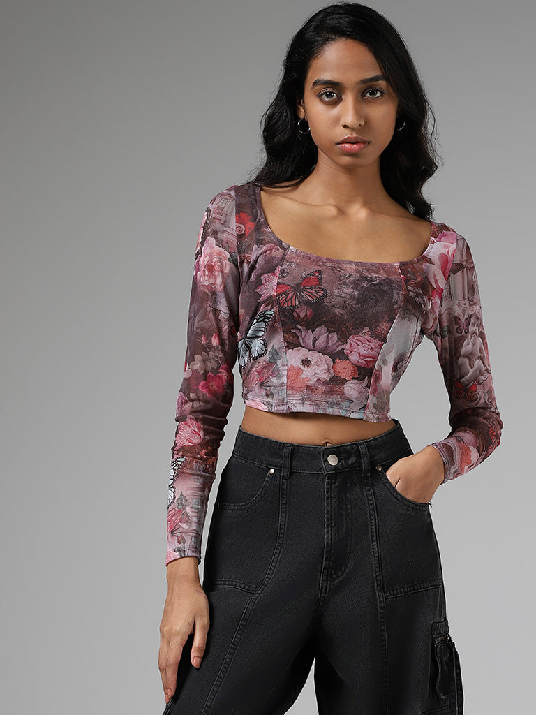 Nuon Pink Abstract Printed Crop Top