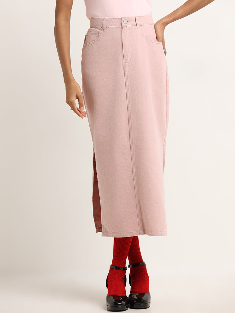 Nuon Light Pink Side-Slit Denim Skirt