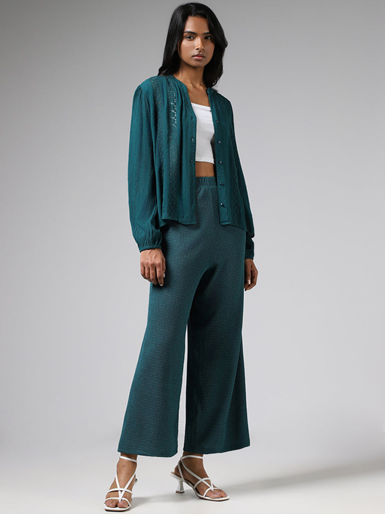 LOV Teal Wide-Leg Crepe Trousers