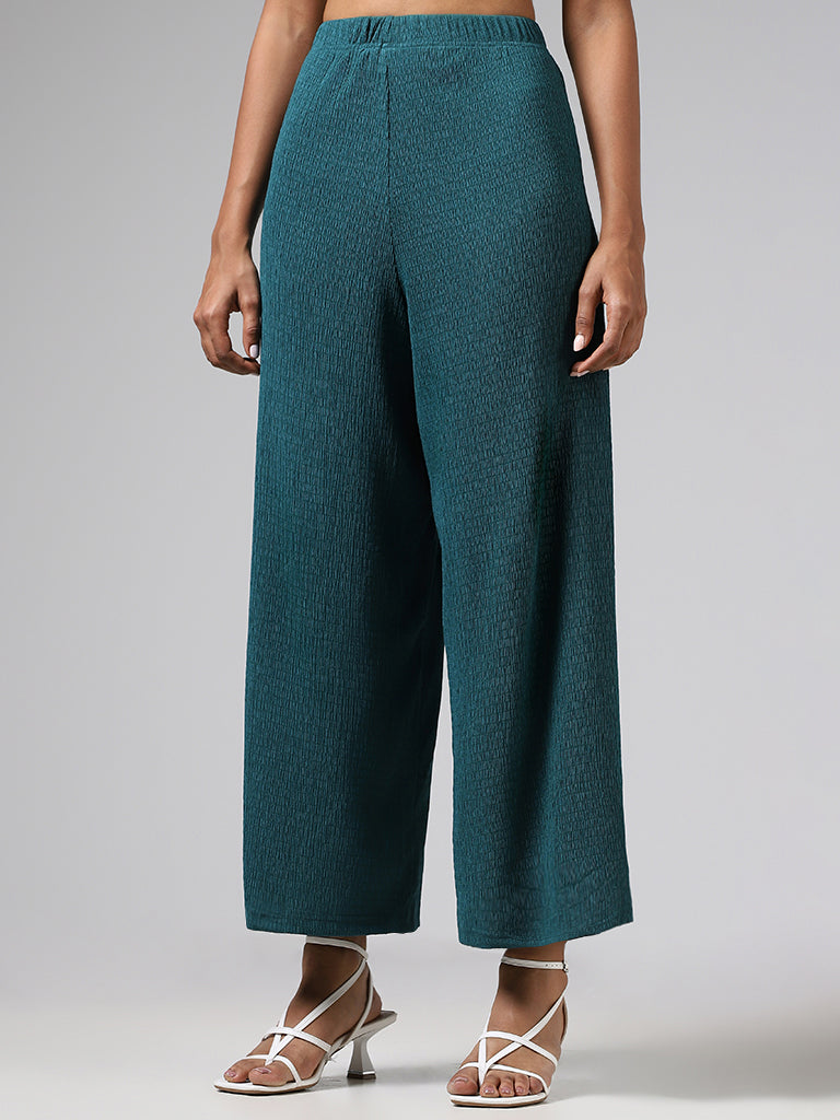 LOV Teal Wide-Leg Crepe Trousers