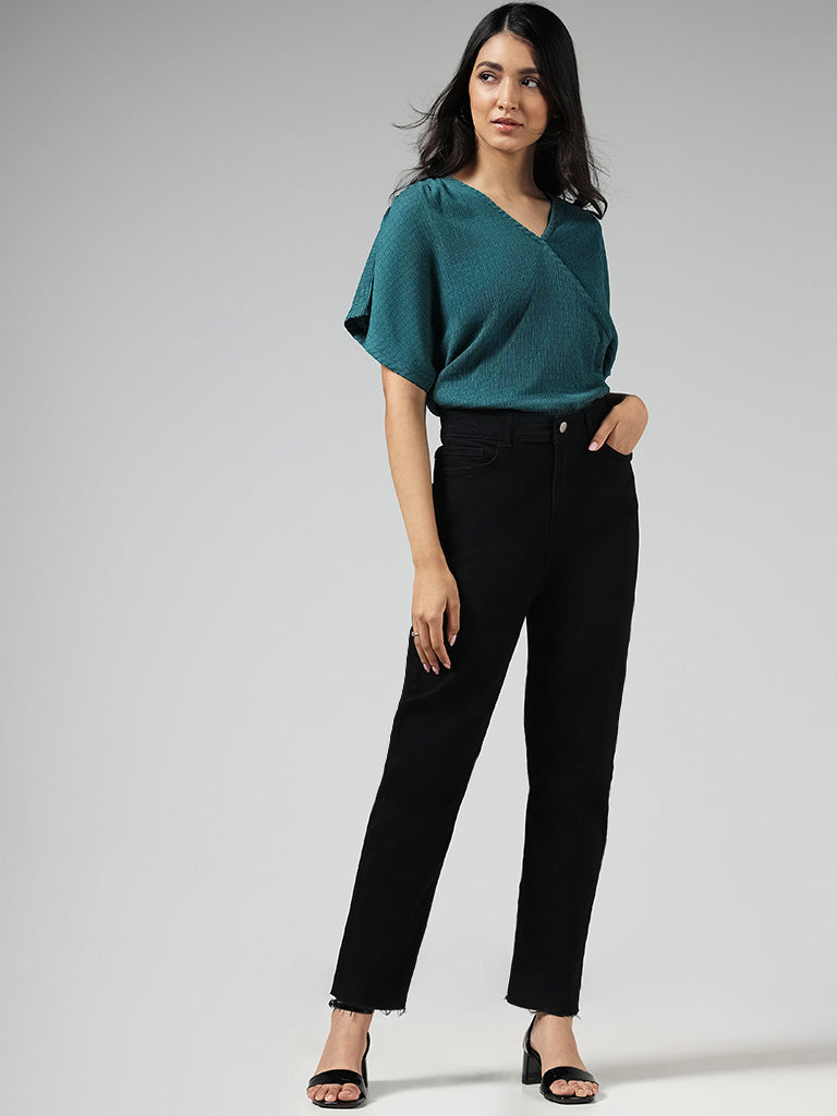 LOV Teal Surplice Neck Crepe Top