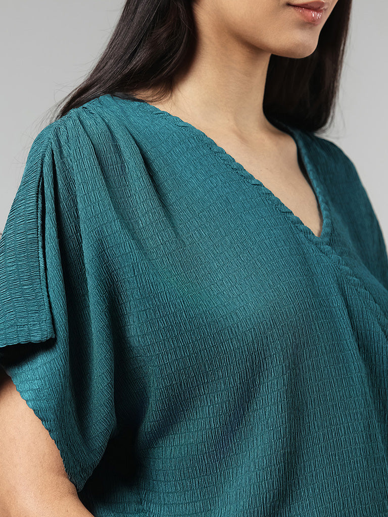 LOV Teal Surplice Neck Crepe Top