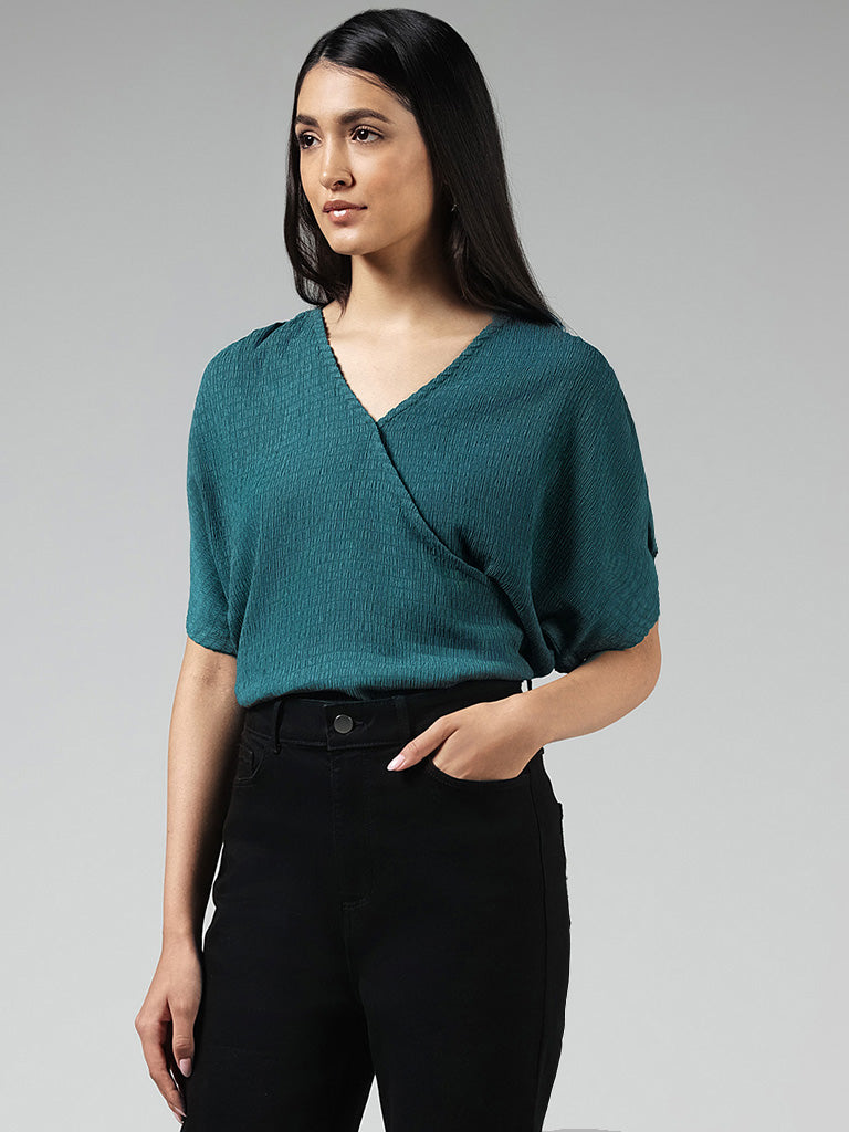 LOV Teal Surplice Neck Crepe Top