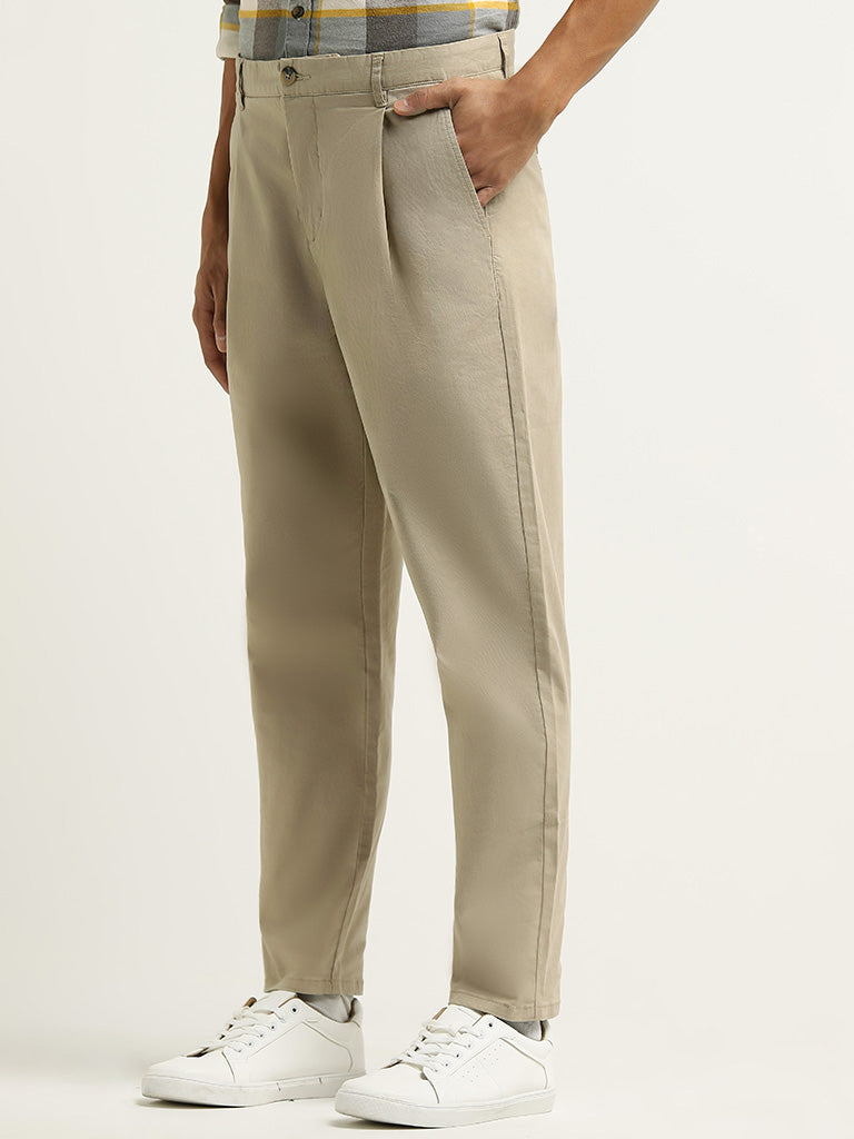 WES Casuals Beige Mid Rise Cotton Blend Relaxed Fit Trousers