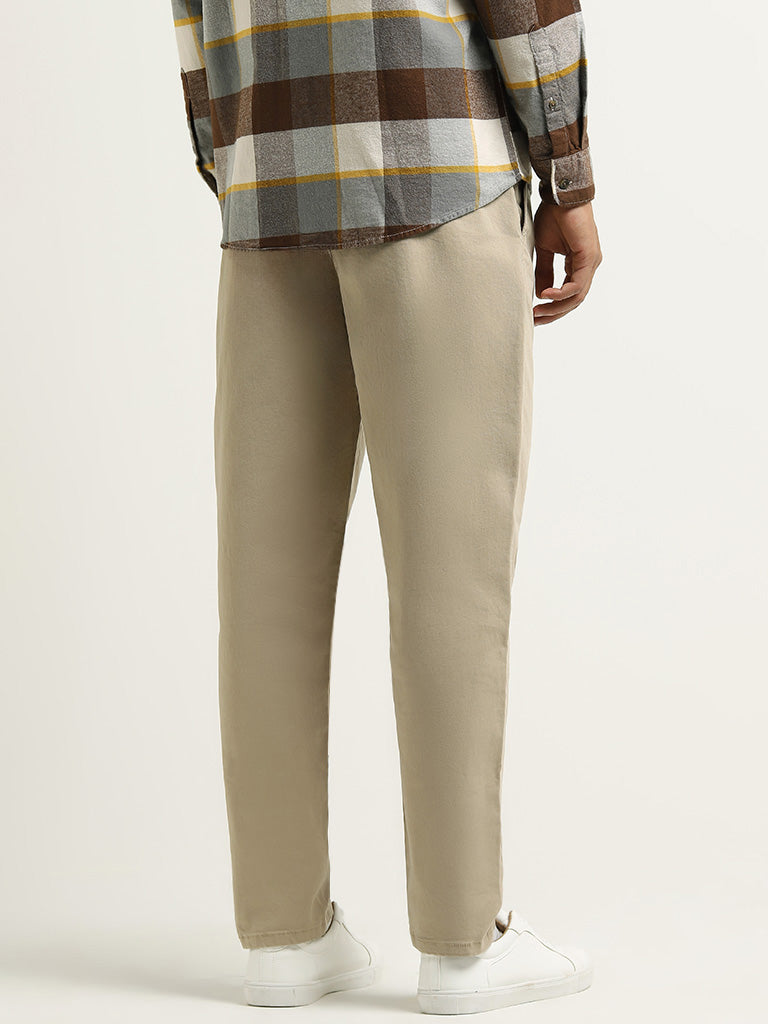 WES Casuals Beige Mid Rise Cotton Blend Relaxed Fit Trousers