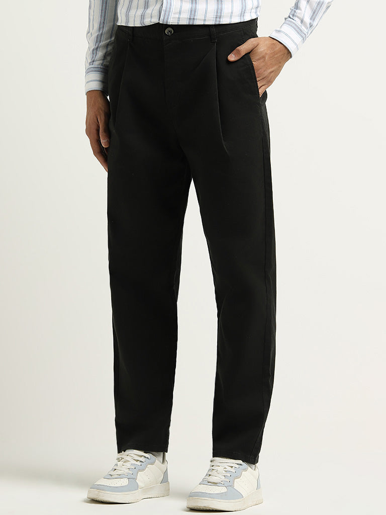 WES Casuals Black Mid Rise Cotton Blend Relaxed Fit Trousers