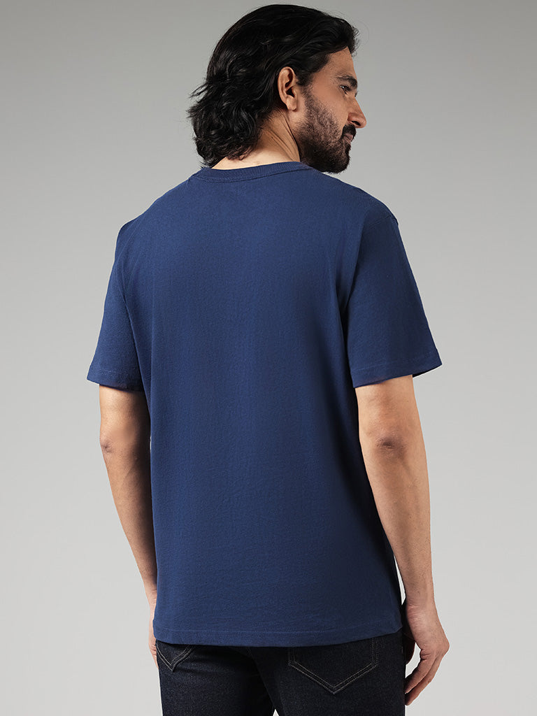 WES Casuals Solid Dark Blue Cotton T-Shirt