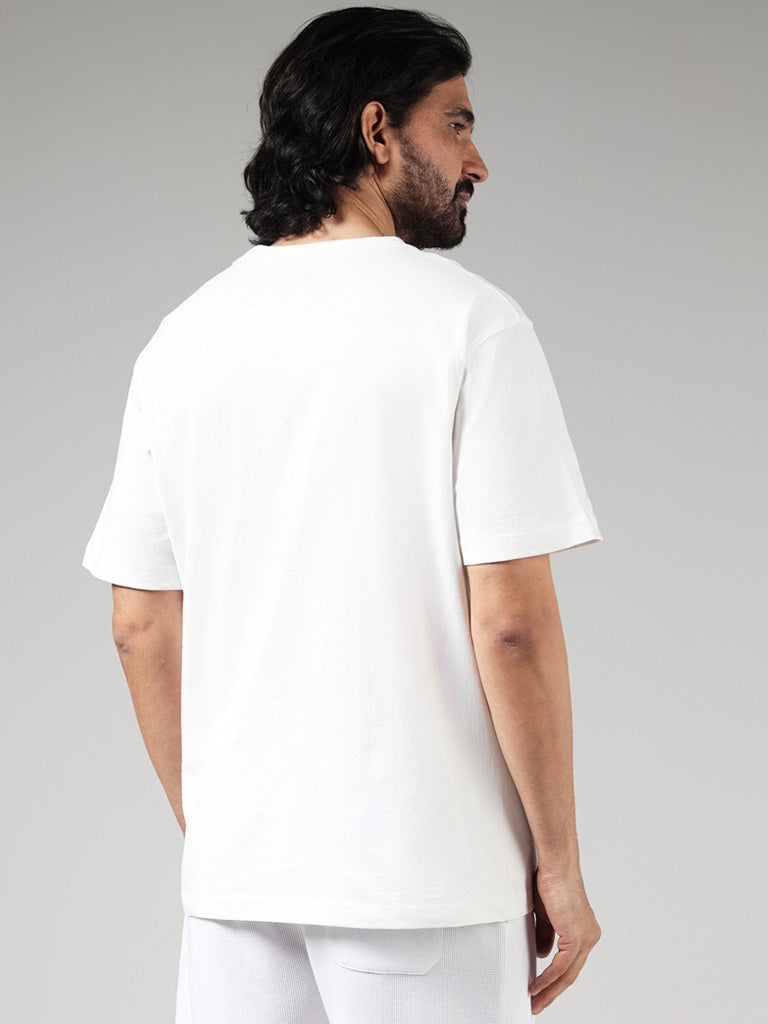 WES Casuals Solid Off White Cotton Relaxed-Fit T-Shirt