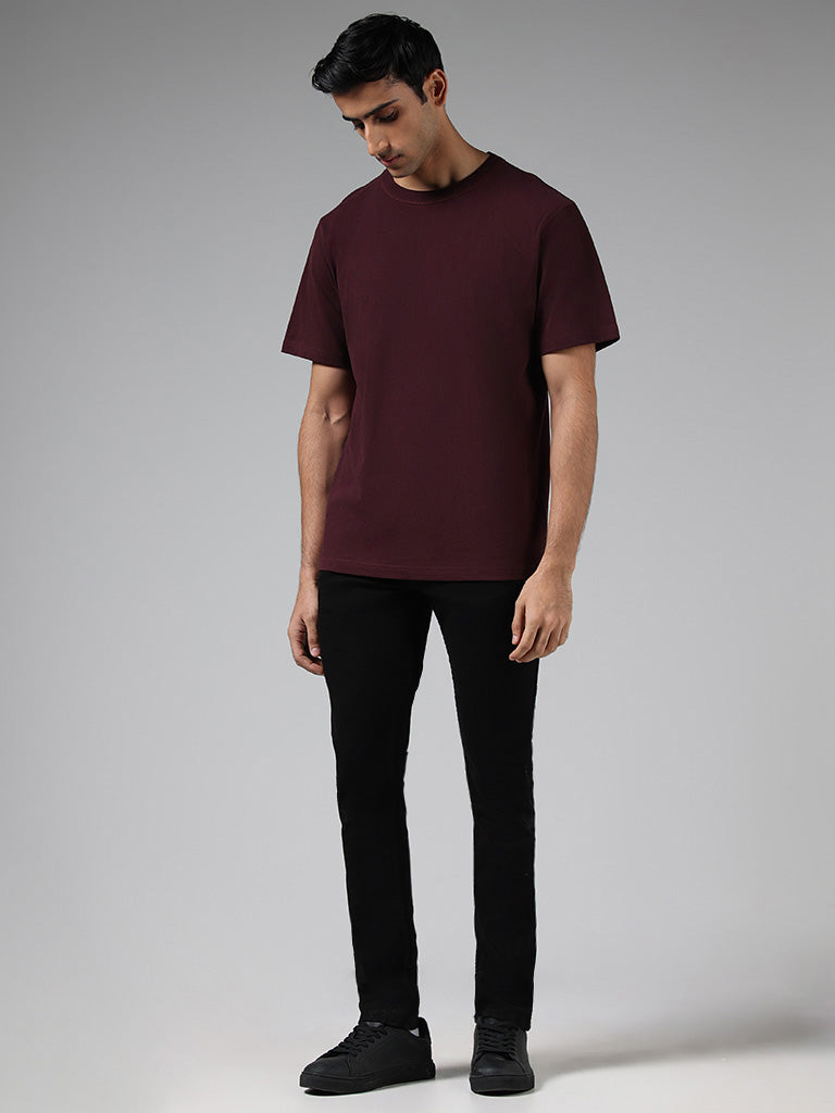 WES Casuals Solid Wine Cotton T-Shirt