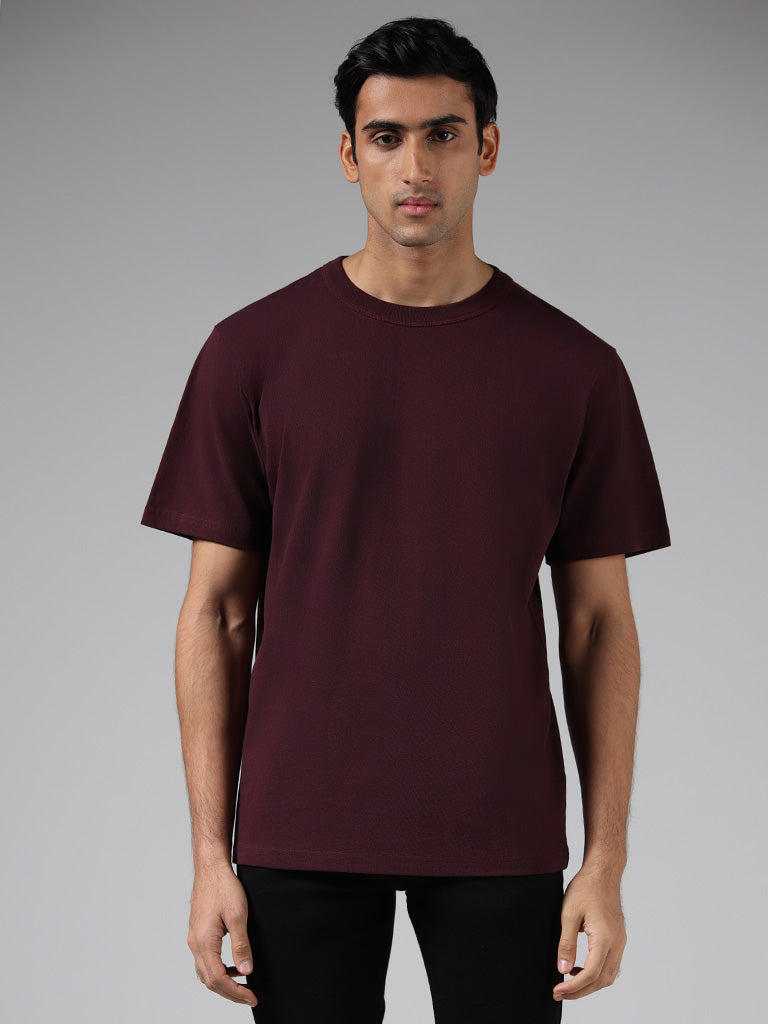 WES Casuals Solid Wine Cotton T-Shirt