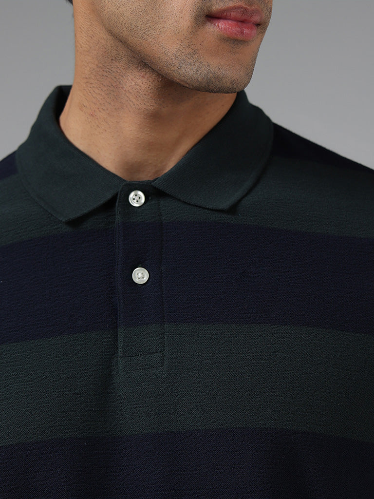 WES Casuals Green Striped Cotton Blend Slim-Fit Polo T-Shirt