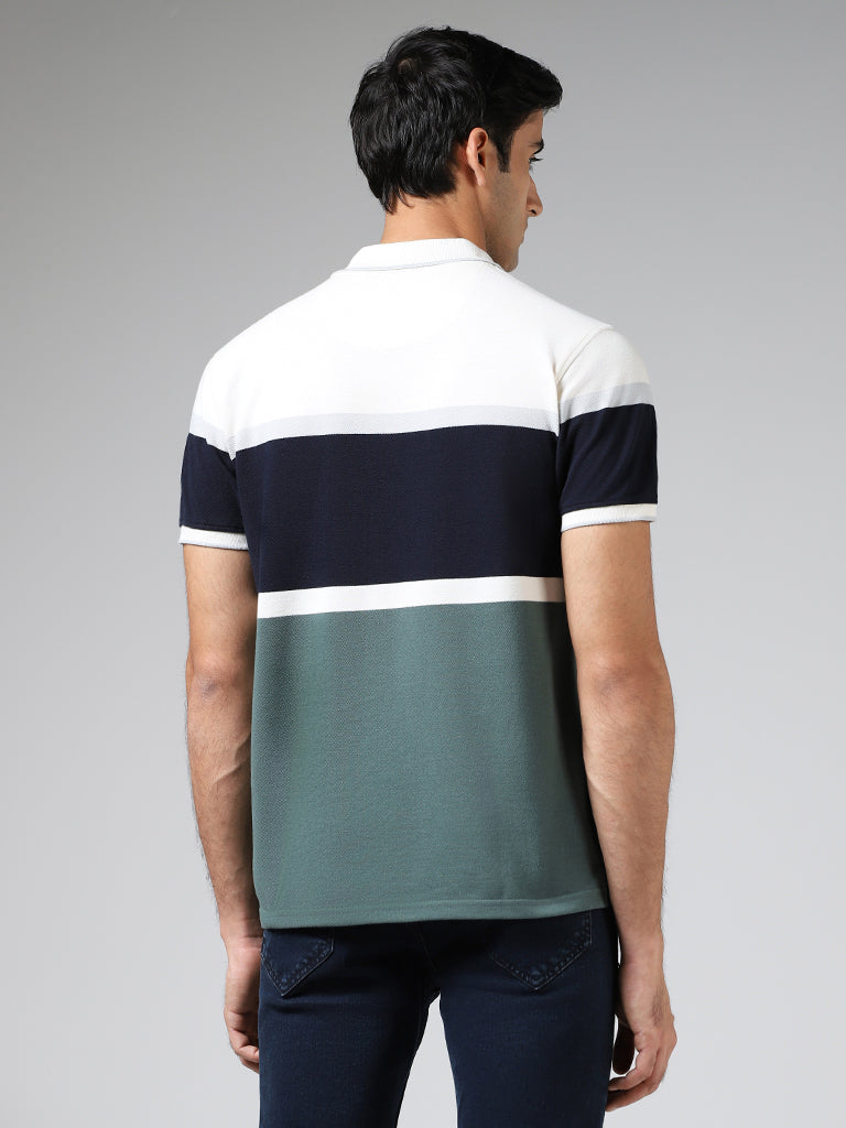 WES Casuals Sage Striped Cotton Blend Slim-Fit Polo T-Shirt