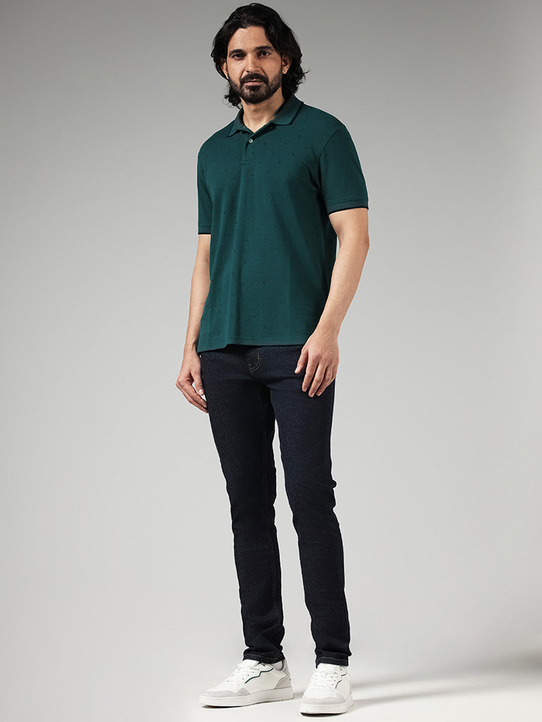 WES Casuals Green Floral Printed Cotton Blend Slim-Fit Polo T-Shirt