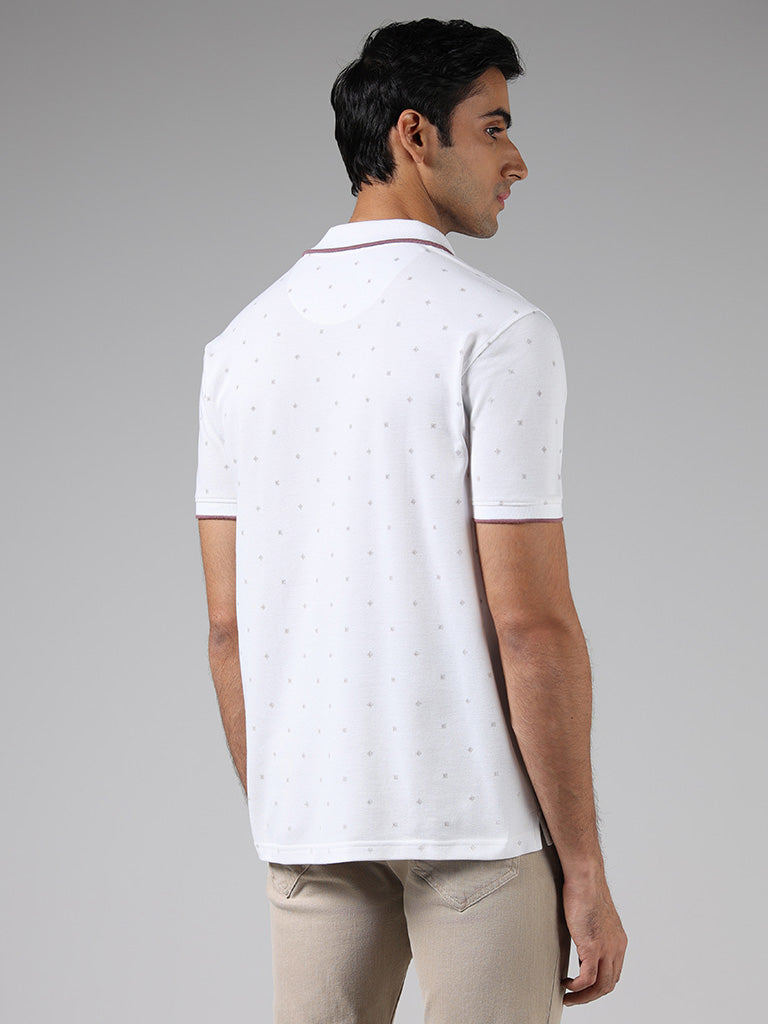 WES Casuals White Printed Cotton Blend Slim-Fit Polo T-Shirt