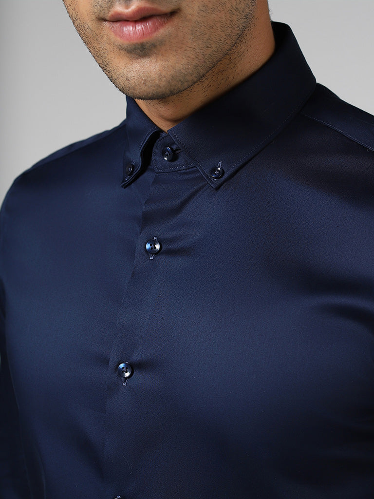 WES Formals Solid Navy Cotton Blend Slim-Fit Shirt