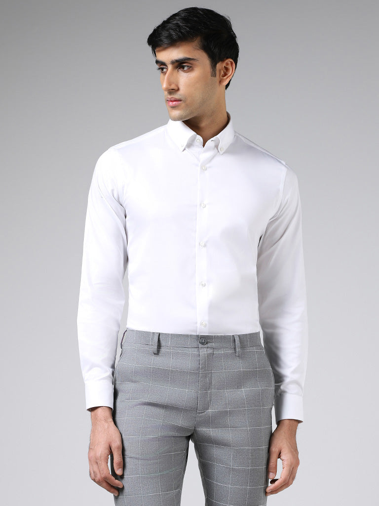 WES Formals Solid White Cotton Blend Slim-Fit Shirt