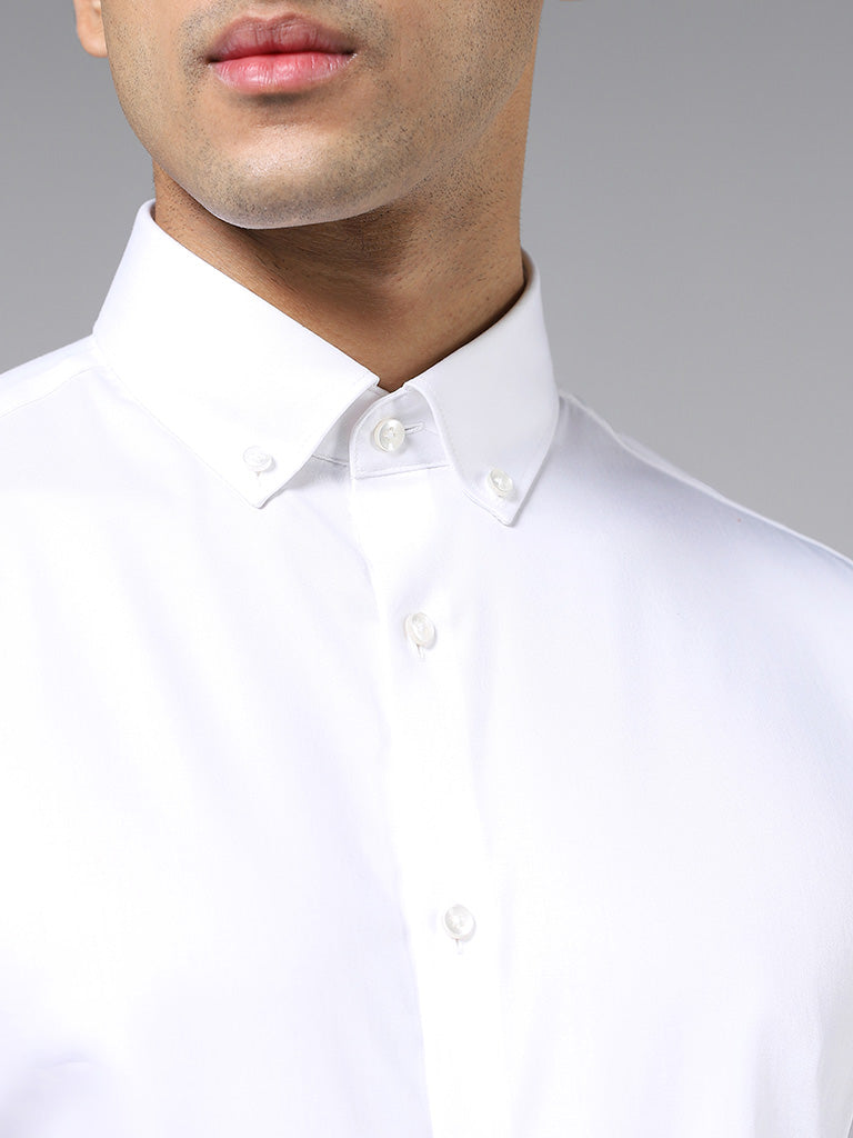 WES Formals Solid White Cotton Blend Slim-Fit Shirt