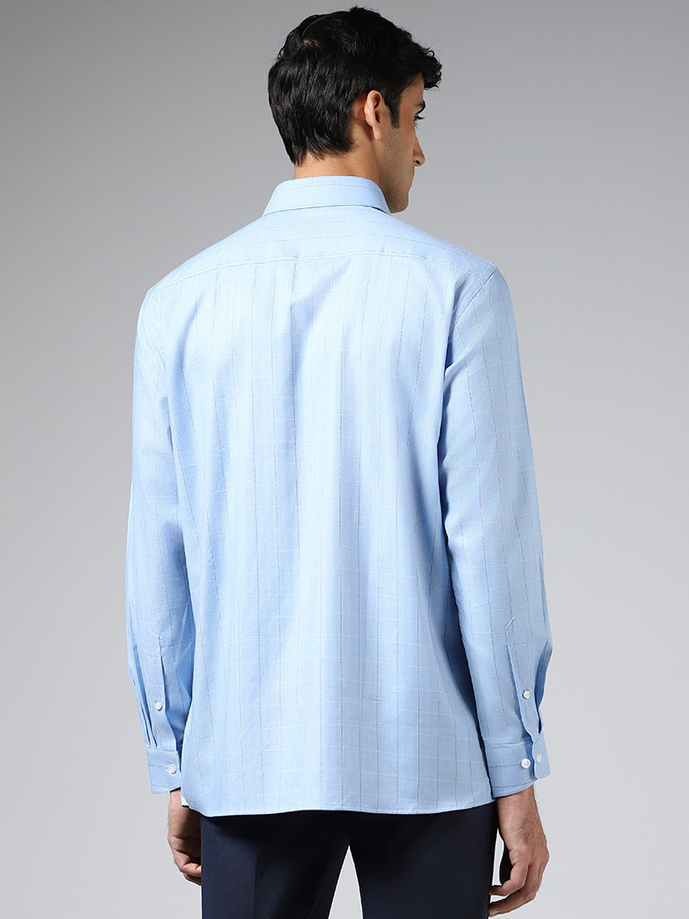 WES Formals Light Blue Graph Checked Cotton Relaxed-Fit Shirt