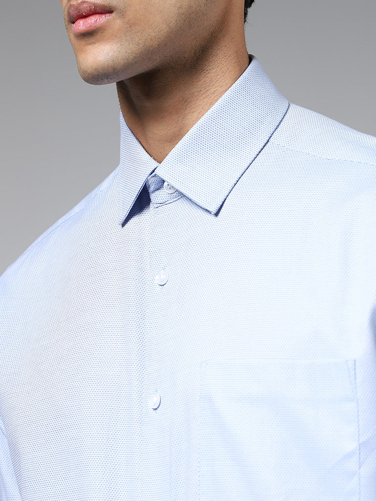 WES Formals Light Blue Cotton Relaxed-Fit Dobby Shirt