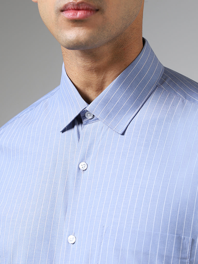 WES Formals Light Blue Pin Striped Cotton Slim-Fit Shirt