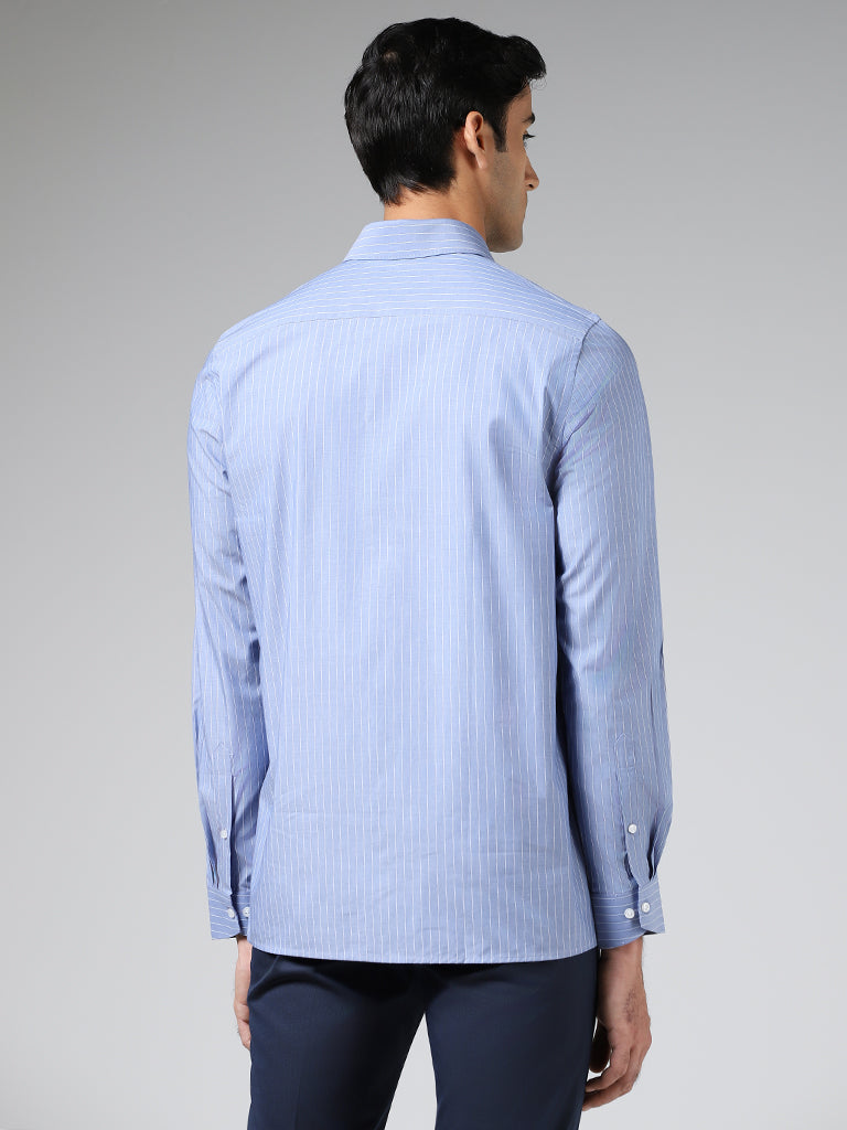 WES Formals Light Blue Pin Striped Cotton Slim-Fit Shirt